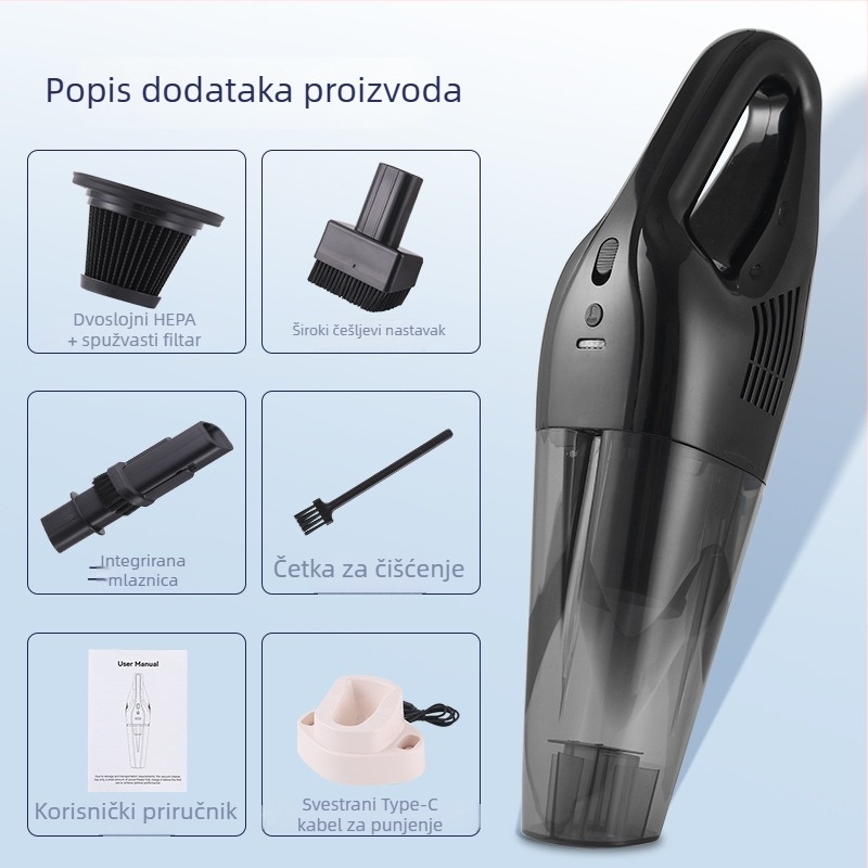 Bežični ručni usisivač za auto i dom, mokro-suho čišćenje, 11.1V, 9000Pa, 20 minuta rada, LED svjetlo