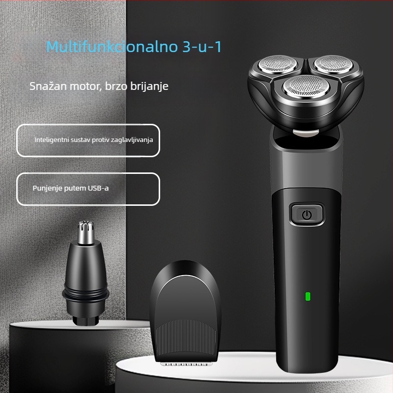 Električni brijač s honeycomb glavom, rotativna glava s 3 oštrice, USB punjenje, do 60 minuta rada