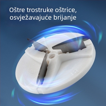 Električni muški brijač s glavom s tri oštrice, uklonjiva i periva glava, ugrađena punjiva baterija, tih rad, trajanje 45–60 minuta