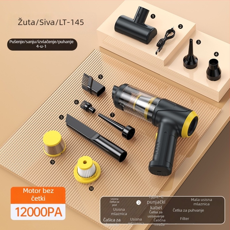 Bežični ručni usisavač za auto i dom — maksimalno usisavanje 12000 Pa, ugrađena baterija (6–8 h), USB napajanje, niska buka