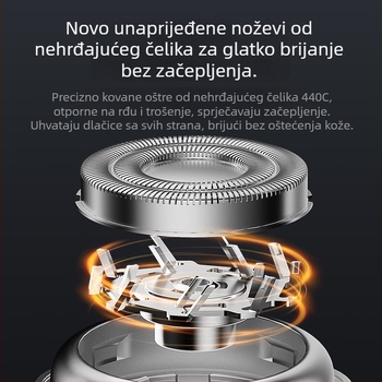 Prenosiva električna britva od nehrđajućeg čelika, magnetski dizajn, rotirajuća više-glava (4+), bez četkica motor, ugrađena baterija 300–500 mAh, do 65 minuta rada, periva