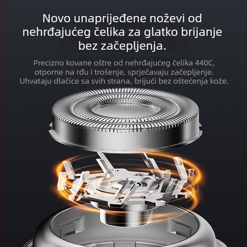 Prenosiva električna britva od nehrđajućeg čelika, magnetski dizajn, rotirajuća više-glava (4+), bez četkica motor, ugrađena baterija 300–500 mAh, do 65 minuta rada, periva