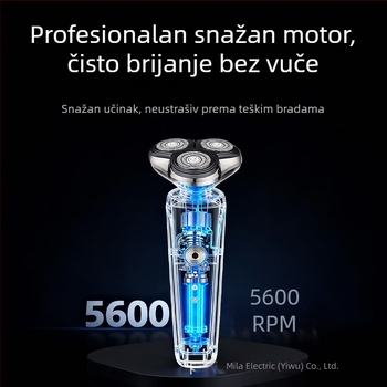 Električni muški brijač s rotirajućom glavom od tri oštrice, plutajuća glava, ugrađena baterija 500–800 mAh, oko 60 minuta rada, 4-satno punjenje