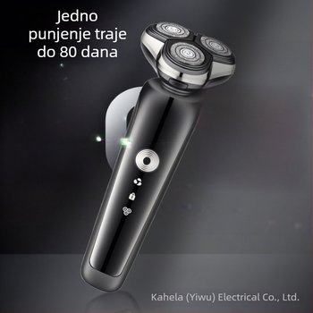 Električni muški brijač s rotirajućom glavom od tri oštrice, plutajuća glava, ugrađena baterija 500–800 mAh, oko 60 minuta rada, 4-satno punjenje