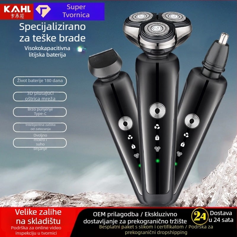 Električni muški brijač s rotirajućom glavom od tri oštrice, plutajuća glava, ugrađena baterija 500–800 mAh, oko 60 minuta rada, 4-satno punjenje