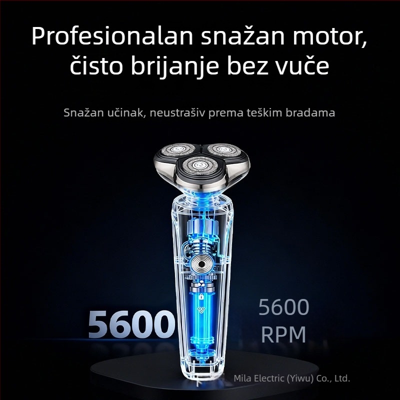 Električni muški brijač s rotirajućom glavom od tri oštrice, plutajuća glava, ugrađena baterija 500–800 mAh, oko 60 minuta rada, 4-satno punjenje