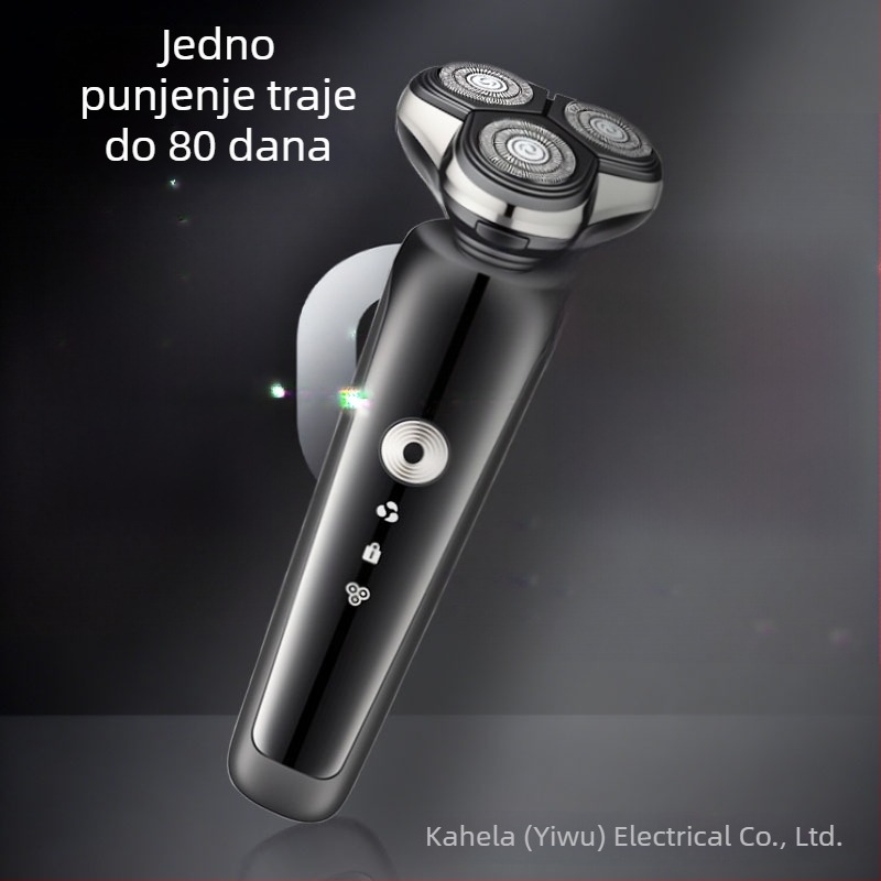 Električni muški brijač s rotirajućom glavom od tri oštrice, plutajuća glava, ugrađena baterija 500–800 mAh, oko 60 minuta rada, 4-satno punjenje