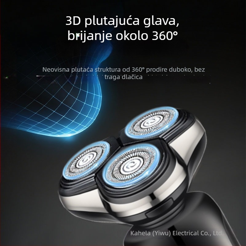 Električni muški brijač s rotirajućom glavom od tri oštrice, plutajuća glava, ugrađena baterija 500–800 mAh, oko 60 minuta rada, 4-satno punjenje