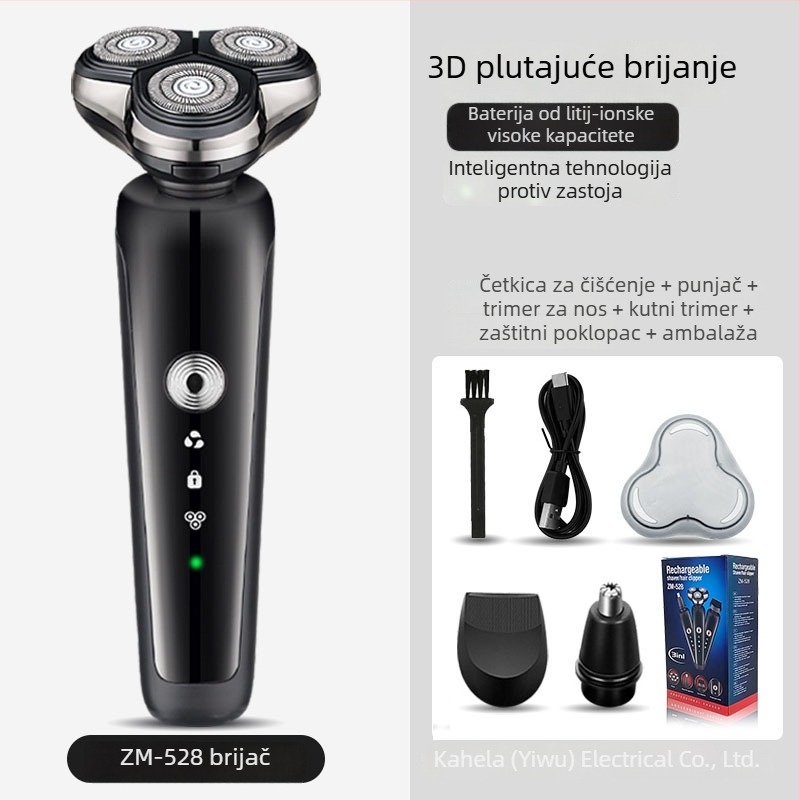 Električni muški brijač s rotirajućom glavom od tri oštrice, plutajuća glava, ugrađena baterija 500–800 mAh, oko 60 minuta rada, 4-satno punjenje