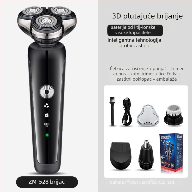 Električni muški brijač s rotirajućom glavom od tri oštrice, plutajuća glava, ugrađena baterija 500–800 mAh, oko 60 minuta rada, 4-satno punjenje