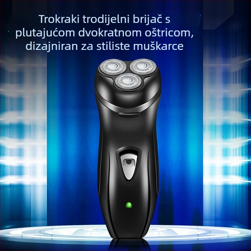 Lingke 168 rotirajući električni brijač s tri oštrice, periva odvojiva glava, ugrađena baterija, trajanje 45–60 minuta, vrijeme punjenja 8 sati, uključuje trimer