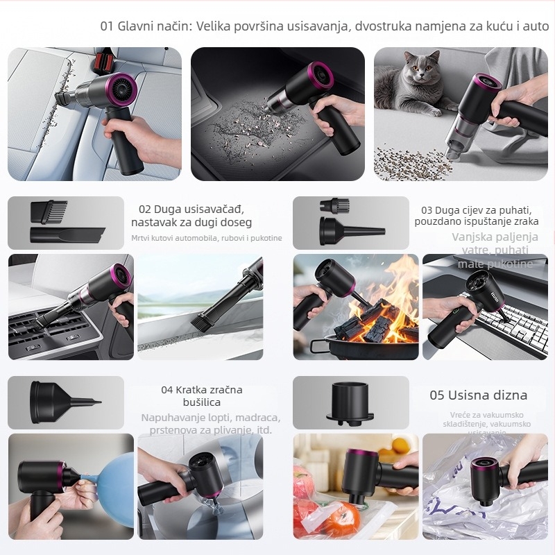 Bežični auto usisavač s visokim usisnim kapacitetom, dvostruka funkcija puhvanja i usisavanja, bežični, 7.4V, 65W, 12000Pa, Type-C punjenje, 2×2000mAh