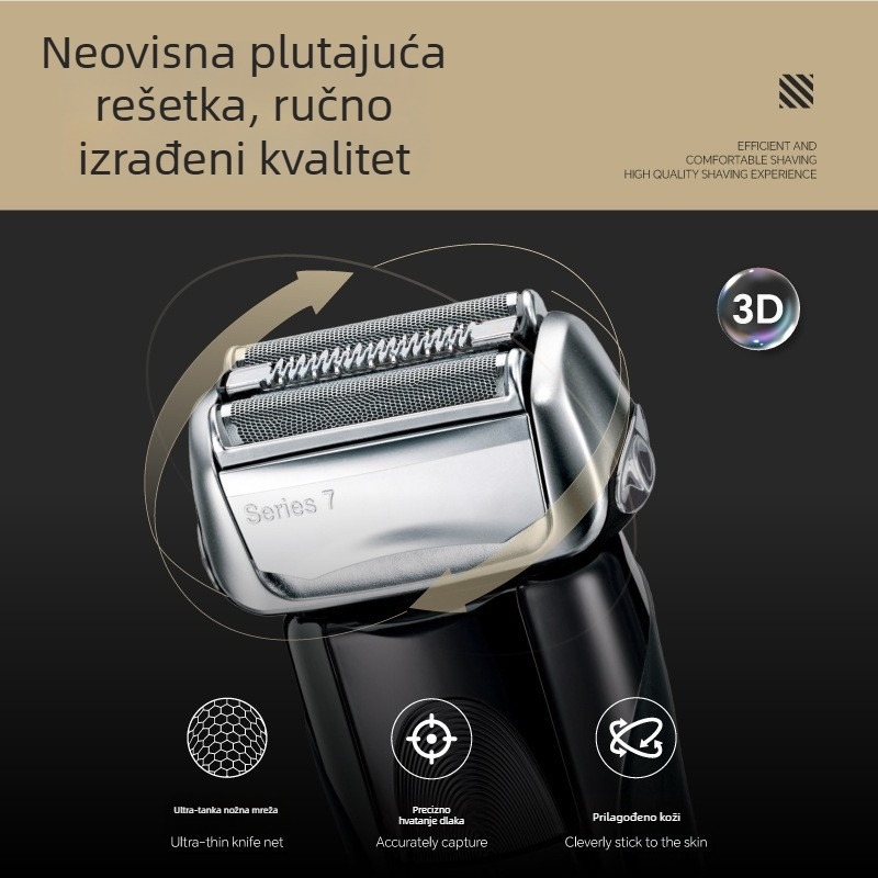 70S glava za električni brijač Serije 7 – 4 oštrice koje se miču naprijed-natrag, ugrađena baterija 500–800 mAh, motor s četkicama, buka 46–70 dB