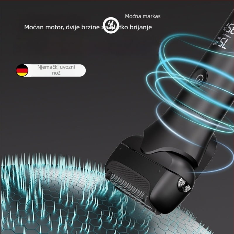Električni brijač s tri glavne glave, potpuno periv za cijelo tijelo, LED zaslon, ugrađena baterija 800–1000 mAh, trajanje 60 minuta