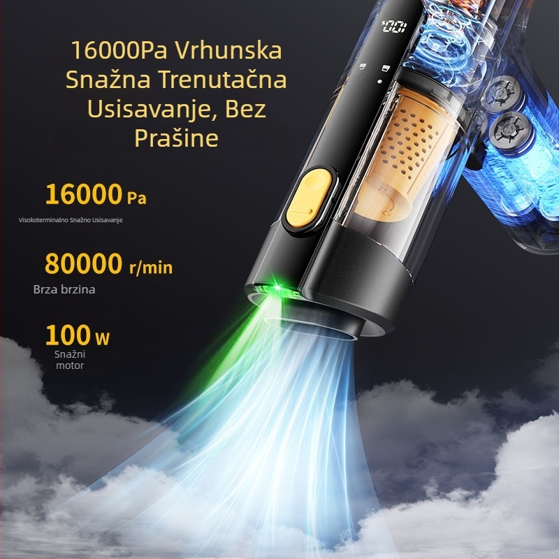 Prijenosni ručni usisavač za automobil i dom, bežični, višefunkcionalan, 90W nominalna snaga, 120W maksimalna usisna snaga, 11V, 30 minuta rada, buka 36–45 dB