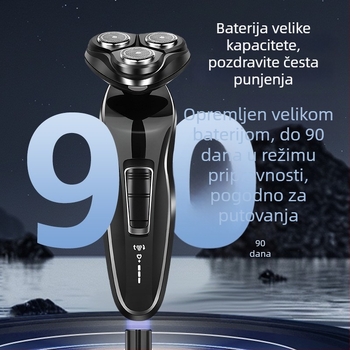 Električni brijač s rotirajućom glavom od 3 oštrica; ugrađena baterija; trajanje rada preko 60 minuta; punjivi; potpuno periv