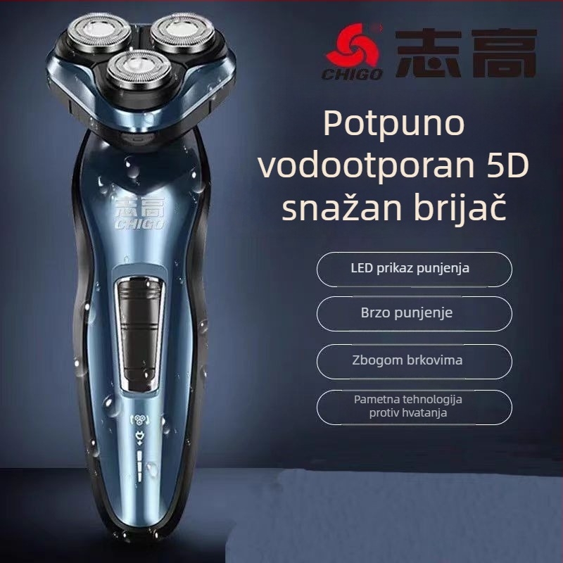 Električni brijač s rotirajućom glavom od 3 oštrica; ugrađena baterija; trajanje rada preko 60 minuta; punjivi; potpuno periv