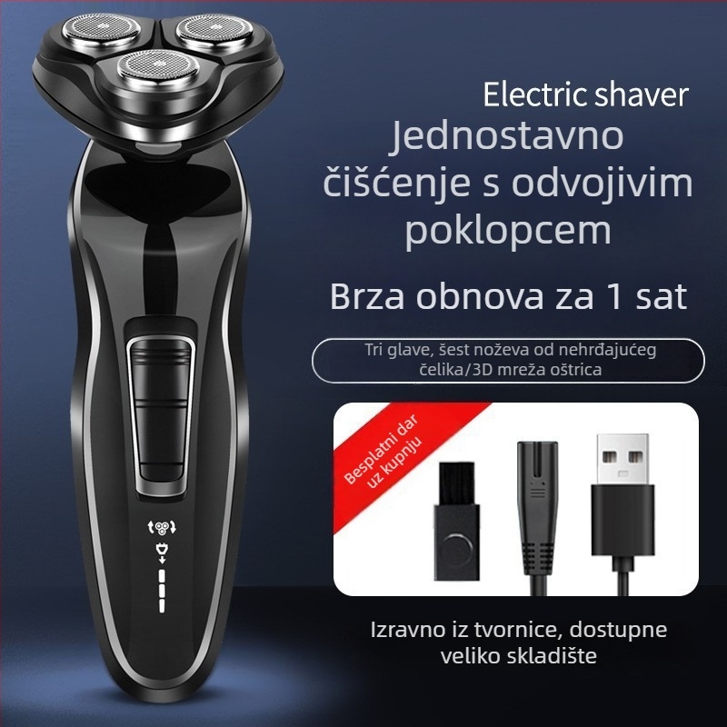 Električni brijač s rotirajućom glavom od 3 oštrica; ugrađena baterija; trajanje rada preko 60 minuta; punjivi; potpuno periv