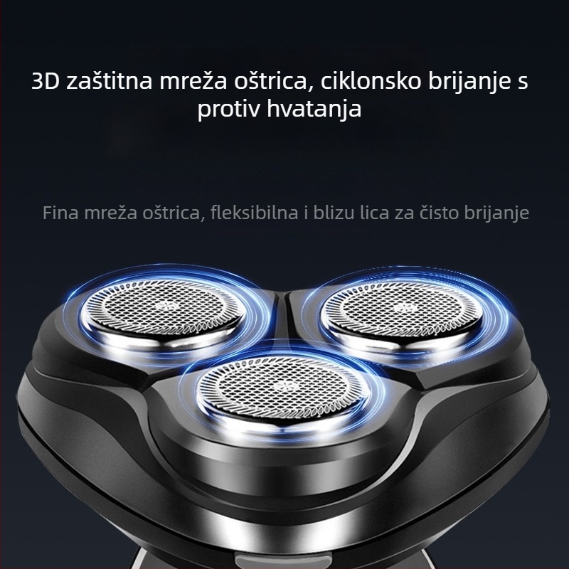 Električni brijač s rotirajućom glavom od 3 oštrica; ugrađena baterija; trajanje rada preko 60 minuta; punjivi; potpuno periv