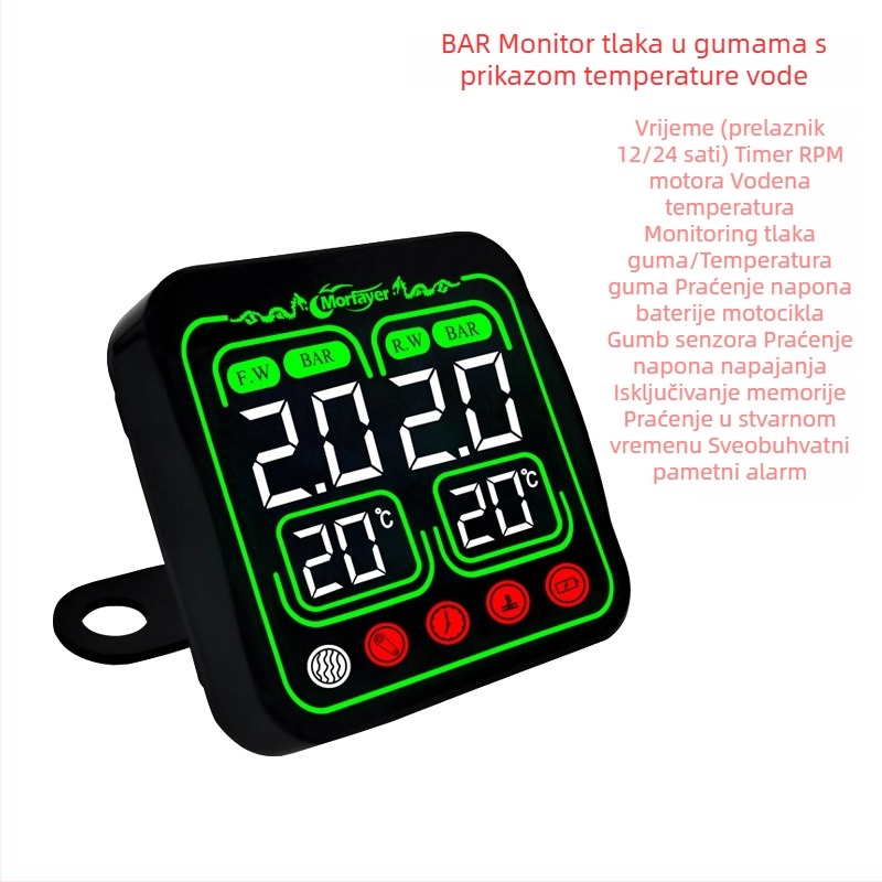 Osam u jednom TPMS za motocikle — vanjski senzor tlaka, digitalni prikaz, visoka preciznost mjerenja tlaka, kompatibilan sa 12V, model Yl-m6363, praćenje temperature vode i zraka