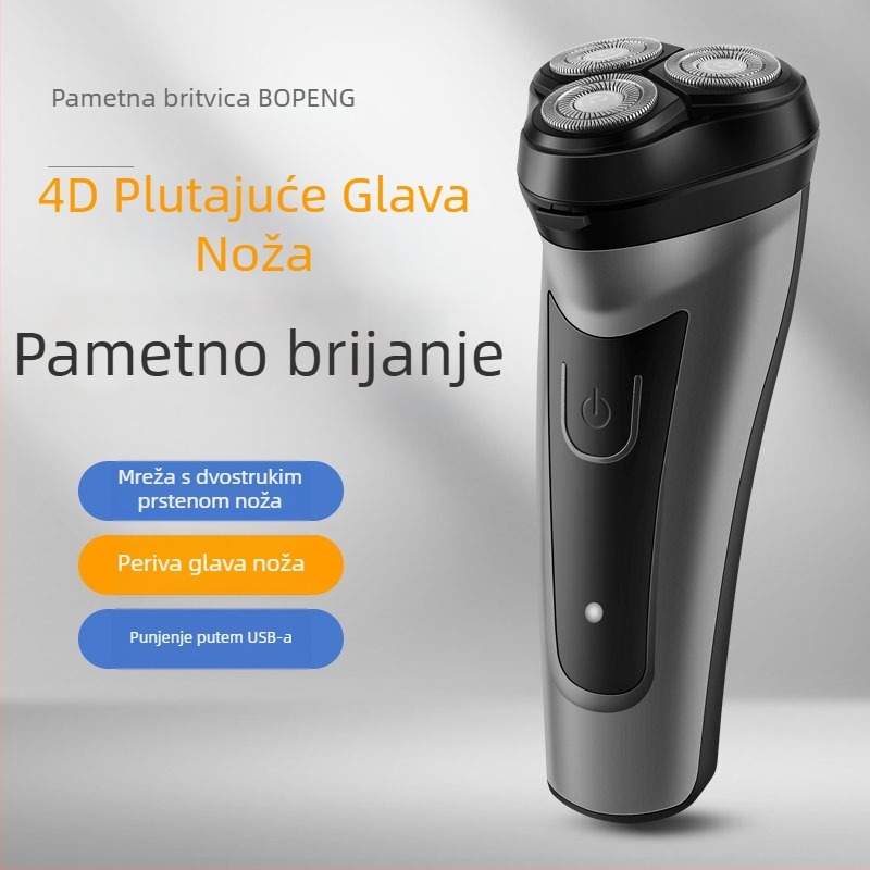 Električni brijač s rotirajućom glavom od tri oštrice, plutajuća glava, LED zaslon, vodootporan, punjiv