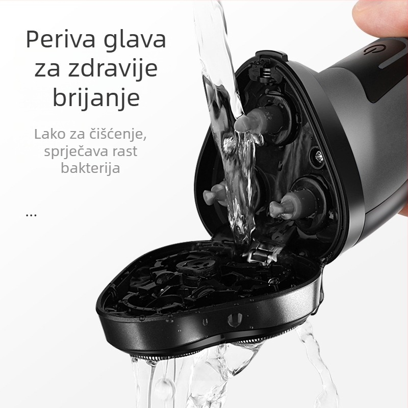 Električni brijač s rotirajućom glavom od tri oštrice, plutajuća glava, LED zaslon, vodootporan, punjiv