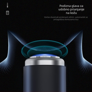 Električna britvica s rotirajućom glavom od 3 oštrice, plutajuća glava, pranje cijelog tijela – ugrađena baterija, vrijeme rada >60 min, vrijeme punjenja 1 h, buka <36 dB
