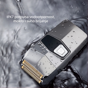 Električni brijač s recipročnom dvostrukom glavom, USB punjenje, LED prikaz, potpuno periv, ugrađena baterija 500–800 mAh.