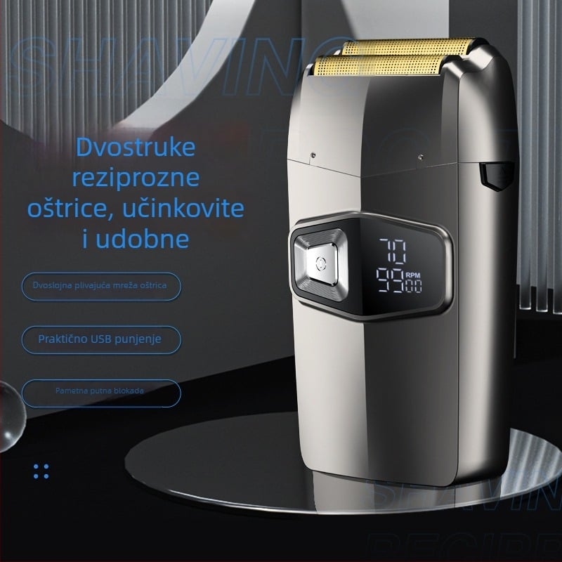 Električni brijač s recipročnom dvostrukom glavom, USB punjenje, LED prikaz, potpuno periv, ugrađena baterija 500–800 mAh.