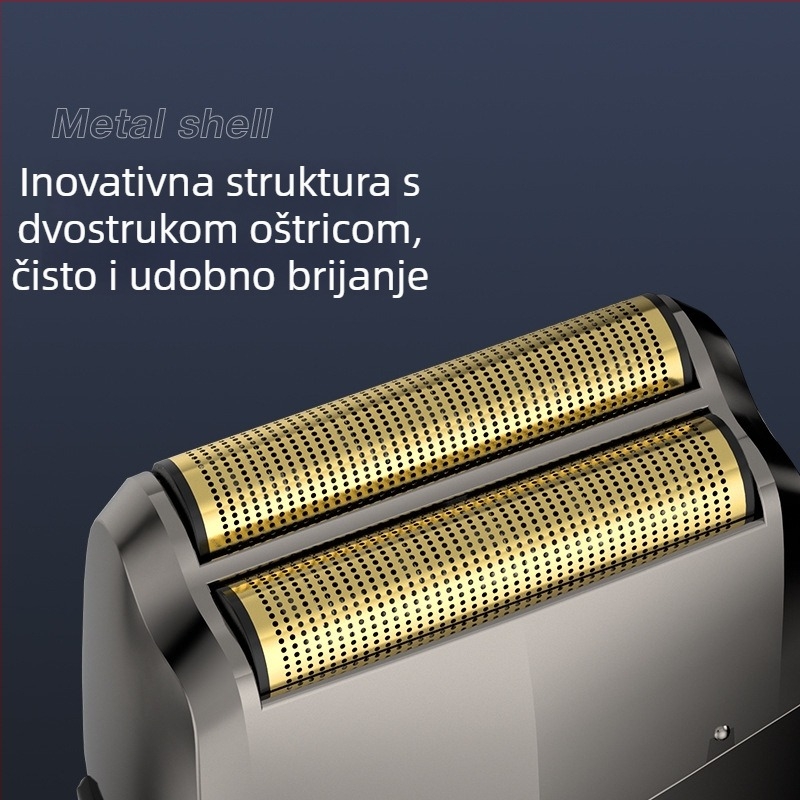 Električni brijač s recipročnom dvostrukom glavom, USB punjenje, LED prikaz, potpuno periv, ugrađena baterija 500–800 mAh.