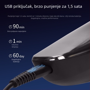 Električni brijač s rotirajućim glavama od 3, potpuno periv, USB punjenje, ugrađena baterija 500–800 mAh, do 60 minuta rada
