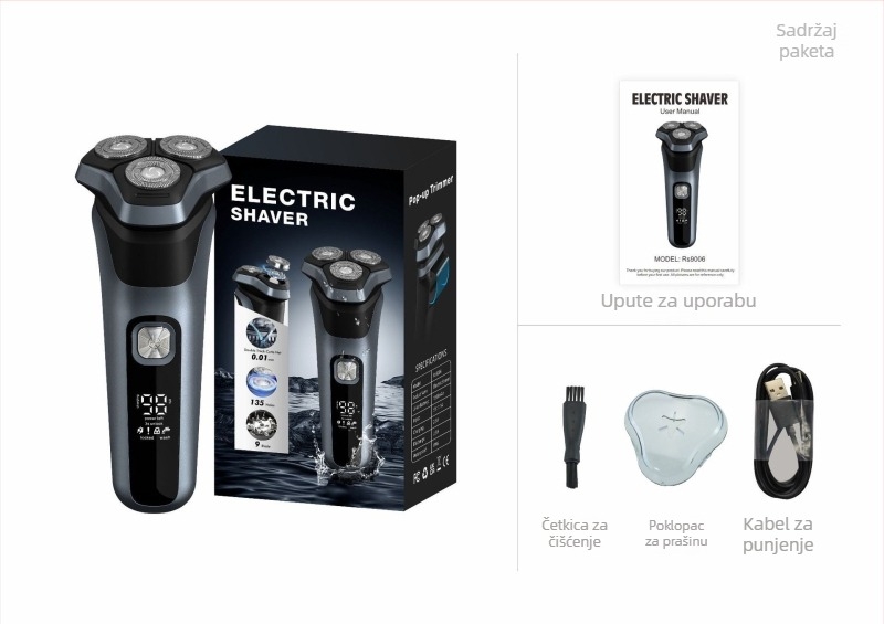 Električni brijač s rotirajućim glavama od 3, potpuno periv, USB punjenje, ugrađena baterija 500–800 mAh, do 60 minuta rada