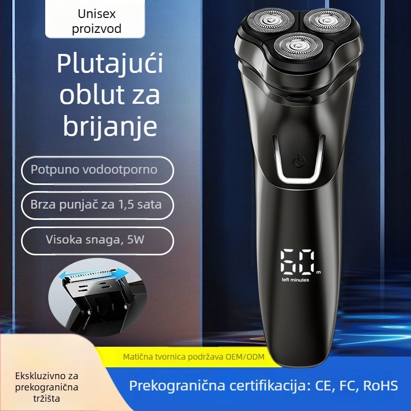 Električni brijač s rotirajućim glavama od 3, potpuno periv, USB punjenje, ugrađena baterija 500–800 mAh, do 60 minuta rada