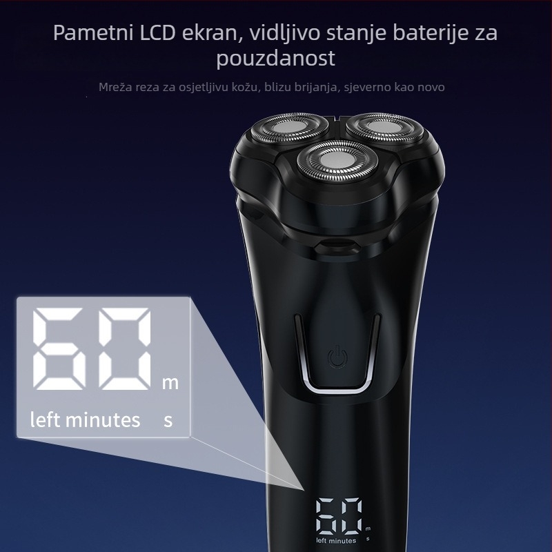Električni brijač s rotirajućim glavama od 3, potpuno periv, USB punjenje, ugrađena baterija 500–800 mAh, do 60 minuta rada