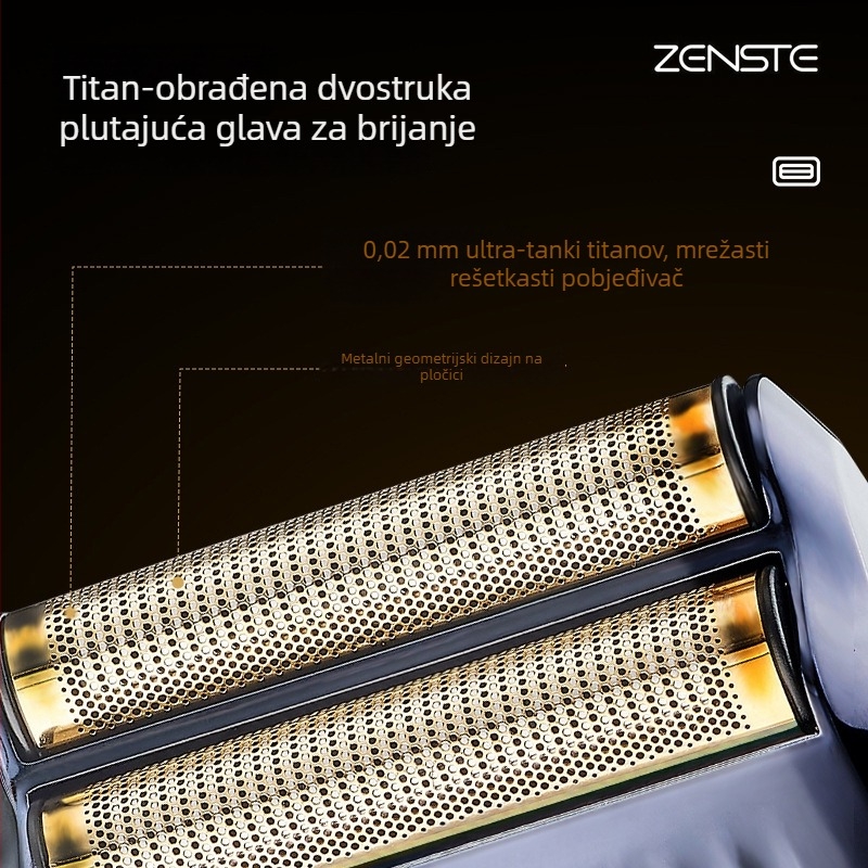 Električna brijačica s plutajućom glavom i dvostrukim povlačnim oštricama, punjiva, ugrađena baterija 500–800 mAh, 70 minuta rada, oštrice se uklanjaju i peru