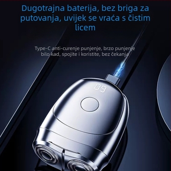 Muški električni brijač, dvostruka rotirajuća glava s plutajućom glavom, potpuno periv, bez četkica motor, ugrađena baterija