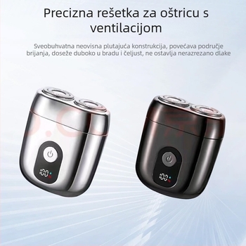 Električni brijač s rotirajućom glavom s dvije oštrice, plivajuća konstrukcija, mokro i suho brijanje, trajanje baterije 60 minuta, vrijeme punjenja 1 sat