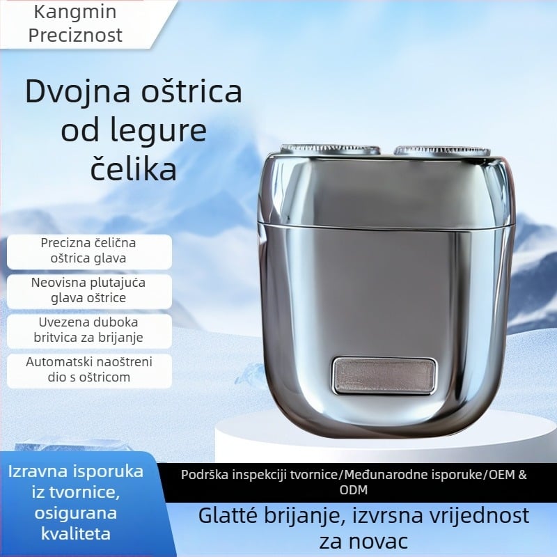 Električni brijač s rotirajućom glavom s dvije oštrice, plivajuća konstrukcija, mokro i suho brijanje, trajanje baterije 60 minuta, vrijeme punjenja 1 sat