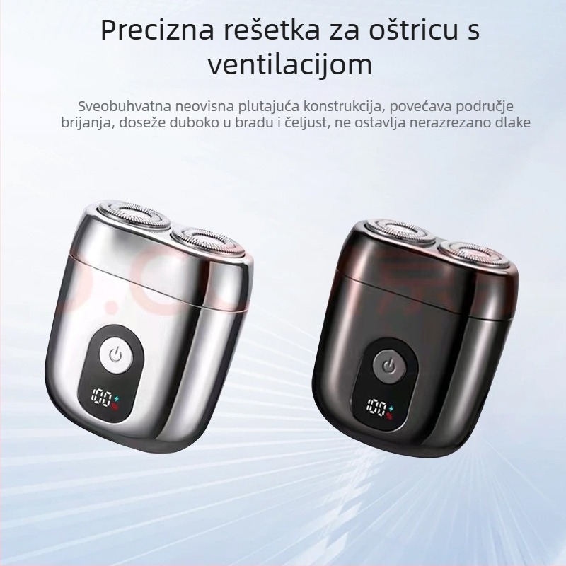 Električni brijač s rotirajućom glavom s dvije oštrice, plivajuća konstrukcija, mokro i suho brijanje, trajanje baterije 60 minuta, vrijeme punjenja 1 sat