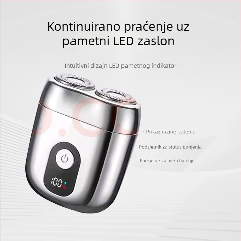Električni brijač s rotirajućom glavom s dvije oštrice, plivajuća konstrukcija, mokro i suho brijanje, trajanje baterije 60 minuta, vrijeme punjenja 1 sat