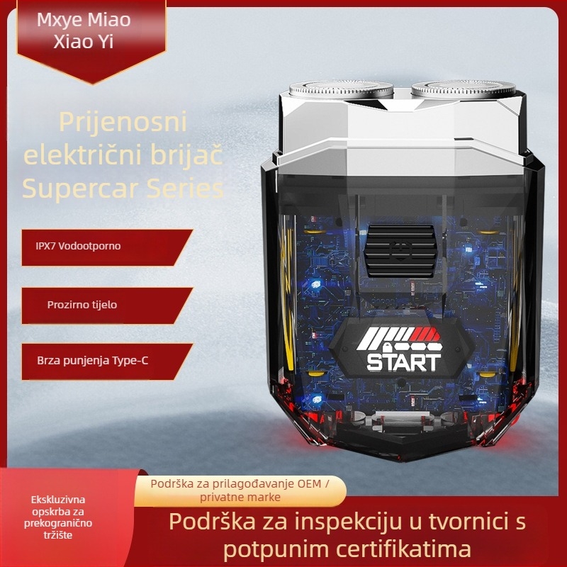 Električni brijač s rotirajućom dvostrukom glavom, kompaktan i punjiv, potpuno periv, suho brijanje, duga autonomija baterije.