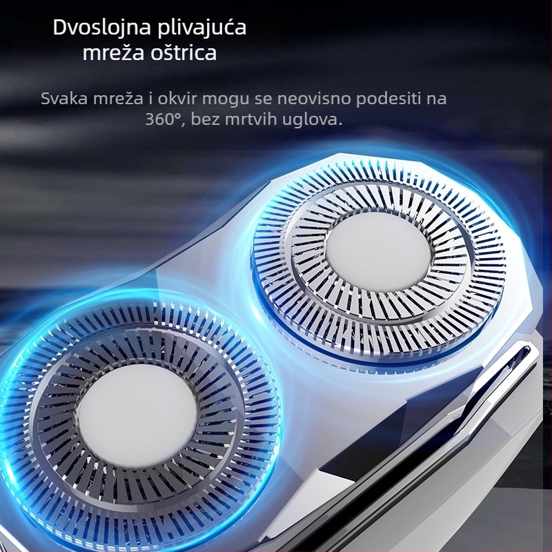 Električni brijač s rotirajućom dvostrukom glavom, kompaktan i punjiv, potpuno periv, suho brijanje, duga autonomija baterije.