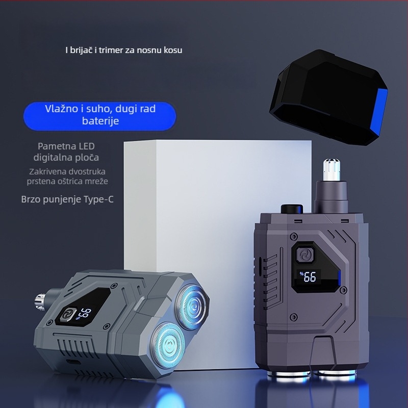 Električna britvica s LED zaslonom, USB punjenje, ugrađena baterija 300–500 mAh, odvojiva i periva glavna oštrica, niska razina buke