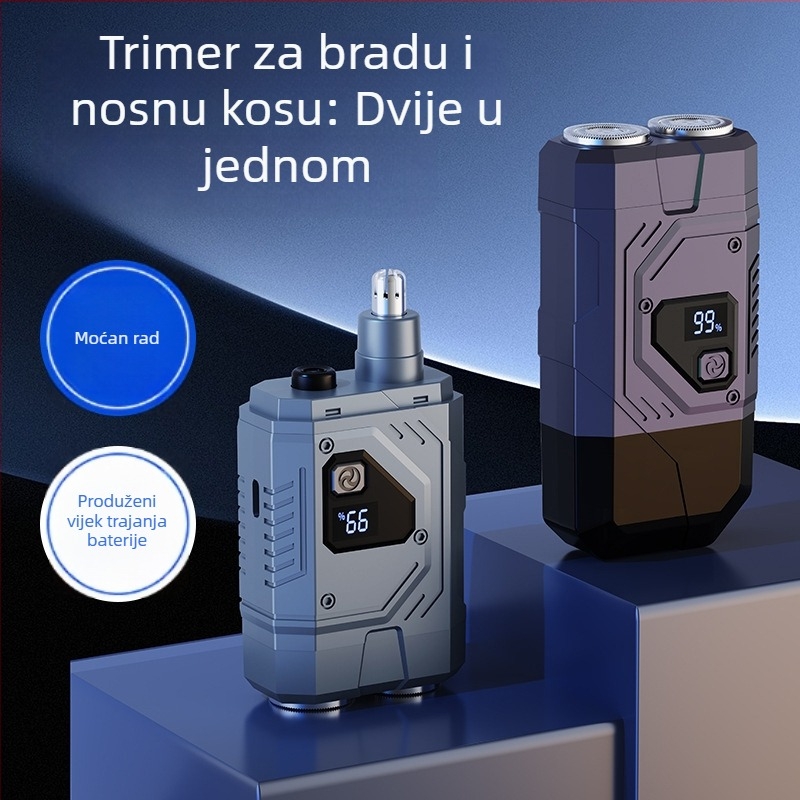 Električna britvica s LED zaslonom, USB punjenje, ugrađena baterija 300–500 mAh, odvojiva i periva glavna oštrica, niska razina buke