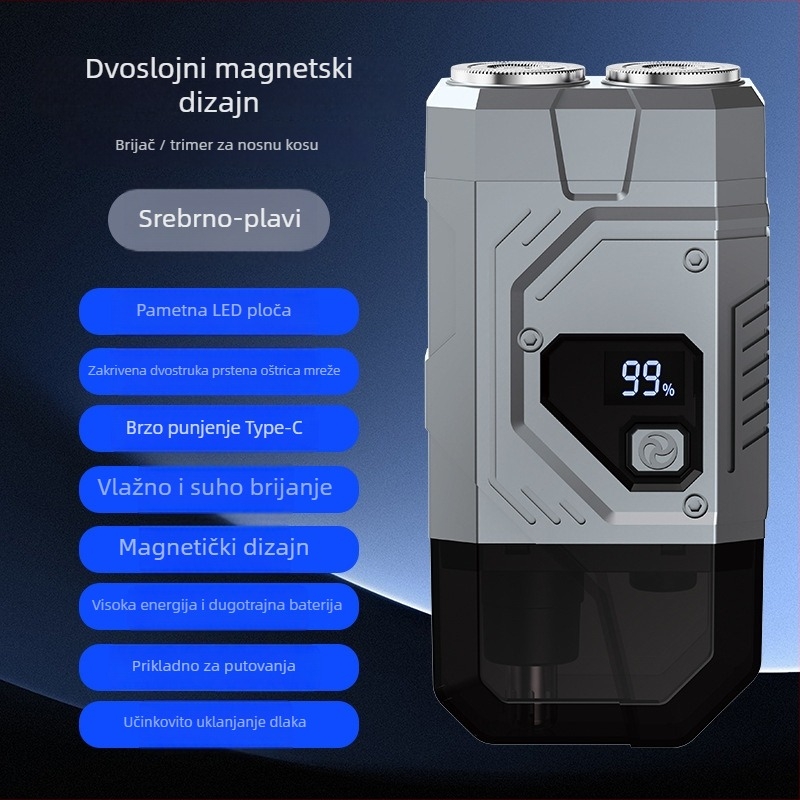 Električna britvica s LED zaslonom, USB punjenje, ugrađena baterija 300–500 mAh, odvojiva i periva glavna oštrica, niska razina buke
