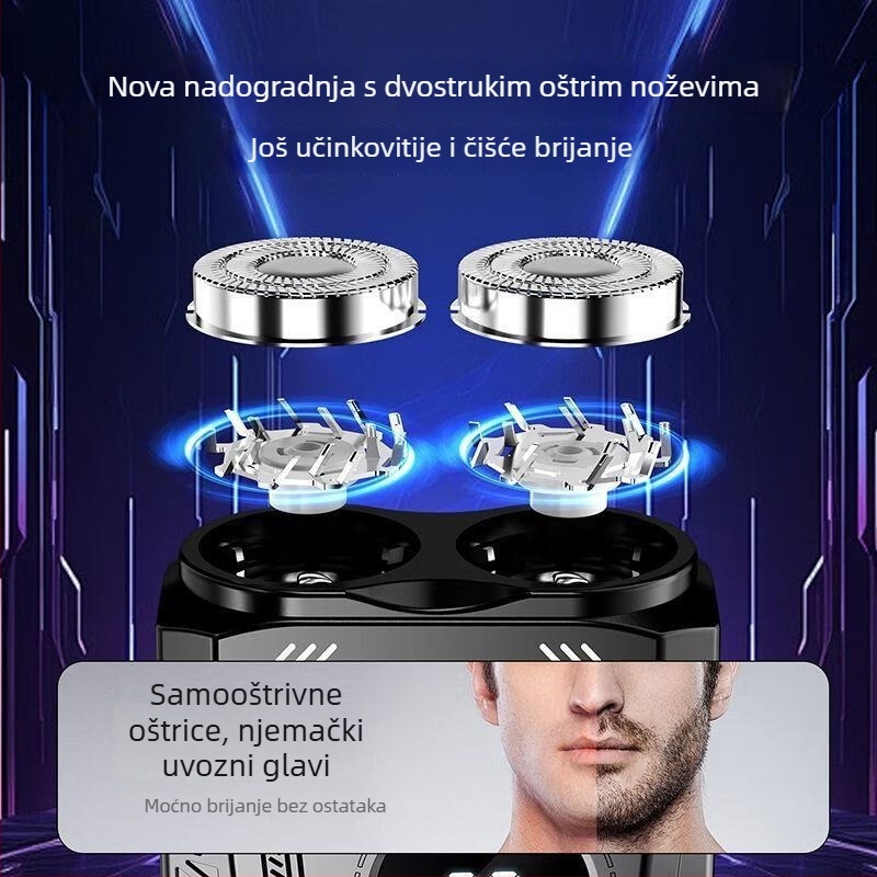 Muški električni brijač s LED zaslonom, rotirajuća glava s dvije oštrice, ugrađena baterija, Type-C punjenje, potpuno periv pod tušem