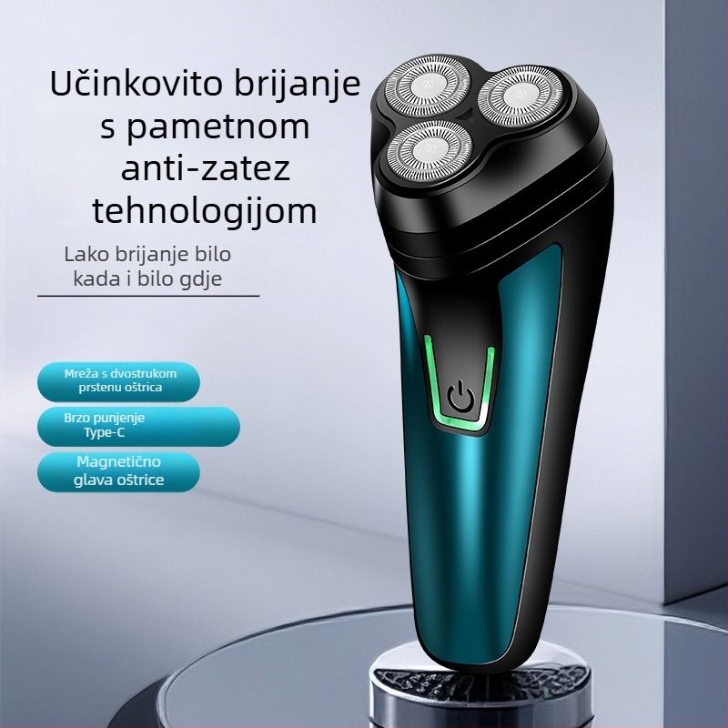 Fenelp električni brijač s plutajućom glavom, rotirajuća glava s 3 oštrice, odvojiva i periva glava, ugrađena punjiva baterija 300–500 mAh, trajanje baterije 60+ minuta