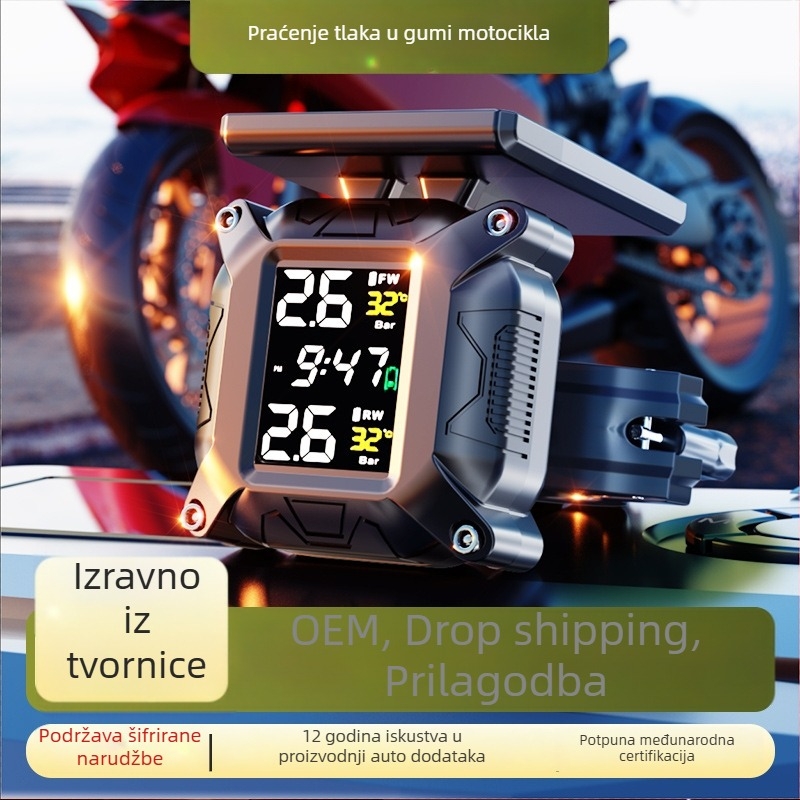 Sustav praćenja tlaka u pneumatikama motocikla, solarni bežični vanjski monitor, model M7, digitalni prikaz, raspon 0.1–6 bar