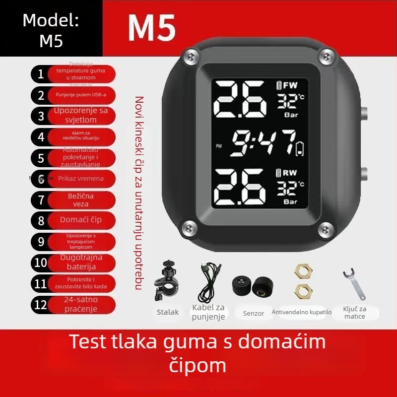 Sustav praćenja tlaka u pneumatikama motocikla, solarni bežični vanjski monitor, model M7, digitalni prikaz, raspon 0.1–6 bar