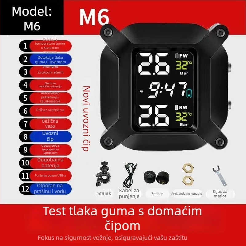 Sustav praćenja tlaka u pneumatikama motocikla, solarni bežični vanjski monitor, model M7, digitalni prikaz, raspon 0.1–6 bar